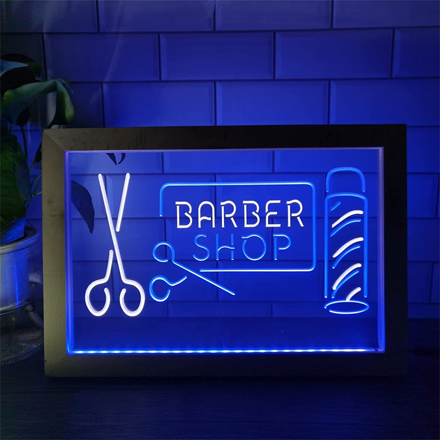 Señal de neón LED para barbería luces acrílicas USB blanca y azul 42x32cm