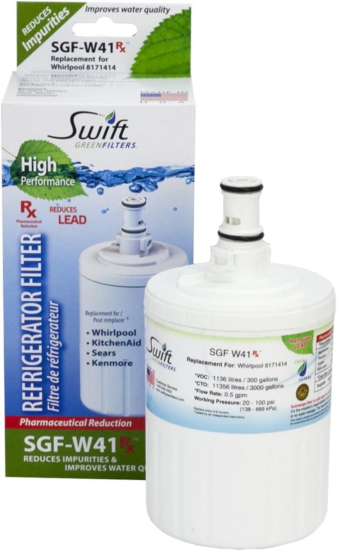 Swift Pharmaceutical Water Filter(SGF Rx) SGF-W41 Rx Whirlpool 8171414 Compatible Refrigerator Water Filter