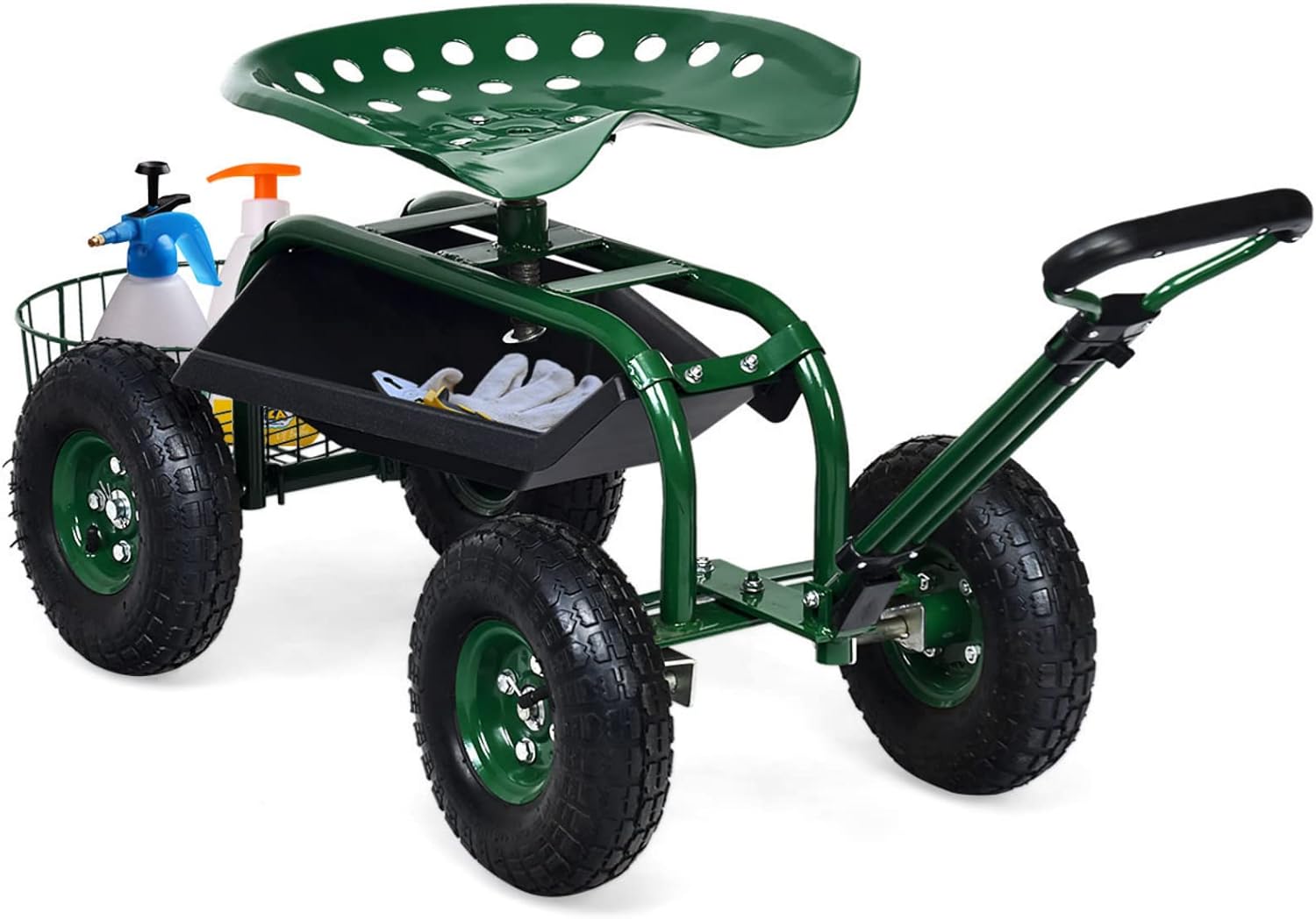 Rolling Garden Cart with Seat, Heavy Duty Gardening Scooter w/Wheels, Storage & Extendable Steering Handle, Garden Work Seat for Planting, Green