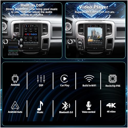 Miniatura 5 de CUSP Radio de coche de 10.4 pulgadas estéreo de repuesto GPS para Dodge Ram 1500 2500 3500 2013 a 2018, navegación GPS Android PX6 4G+64G unidad