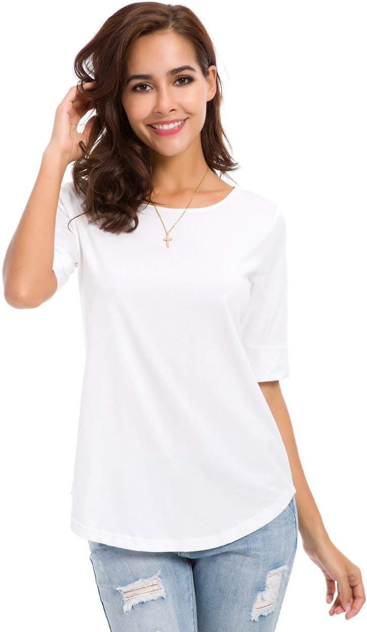 LUSMAY Womens Cotton Tops Summer Casual Fitted T Shirt Half Sleeve Tunic Comfy Tee