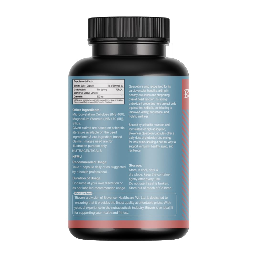 Biovencer Quercetin 500mg – 60 Veg Capsules | Natural Antioxidant & Immune Support Supplement | Supports Respiratory Health, Allergy Relief & Heart Wellness