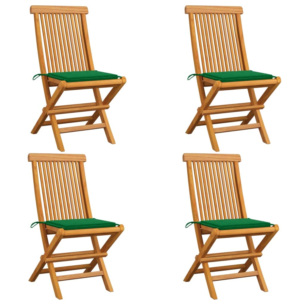 Juego de 4 sillas plegables de jardín de madera maciza de teca con cojines de asiento verdes, robustas sillas de madera para jardín, terraza y balcón, juego de sillas de comedor plegables, 47