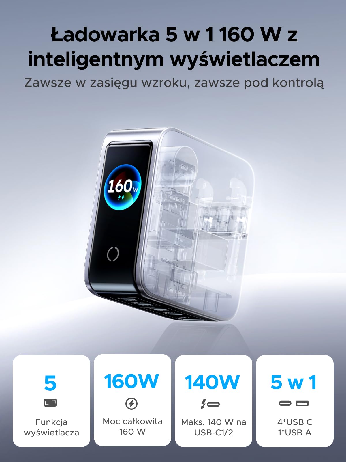 UGREEN Nexode Pro Ładowarka USB-C 160W, inteligentny wyświetlacz, 5 portami | Wyświetla stan ładowania w czasie rzeczywistym, 140W do laptopów, kompatybilna z MacBook Pro/Air, iPhone, Galaxy S26, iPad
