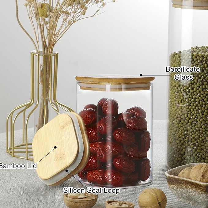 Image of MARTVIA Glass Food Storage Jars with Bamboo Lids 1200ml Set of 4, Wide Mouth Lid Jar for Home Kitchen,Flour, Sugar, Coffee, Pasta, Oats, Grains, Cookies, Snacks (Sqaure 1200 ML Jar, SET OF 4)