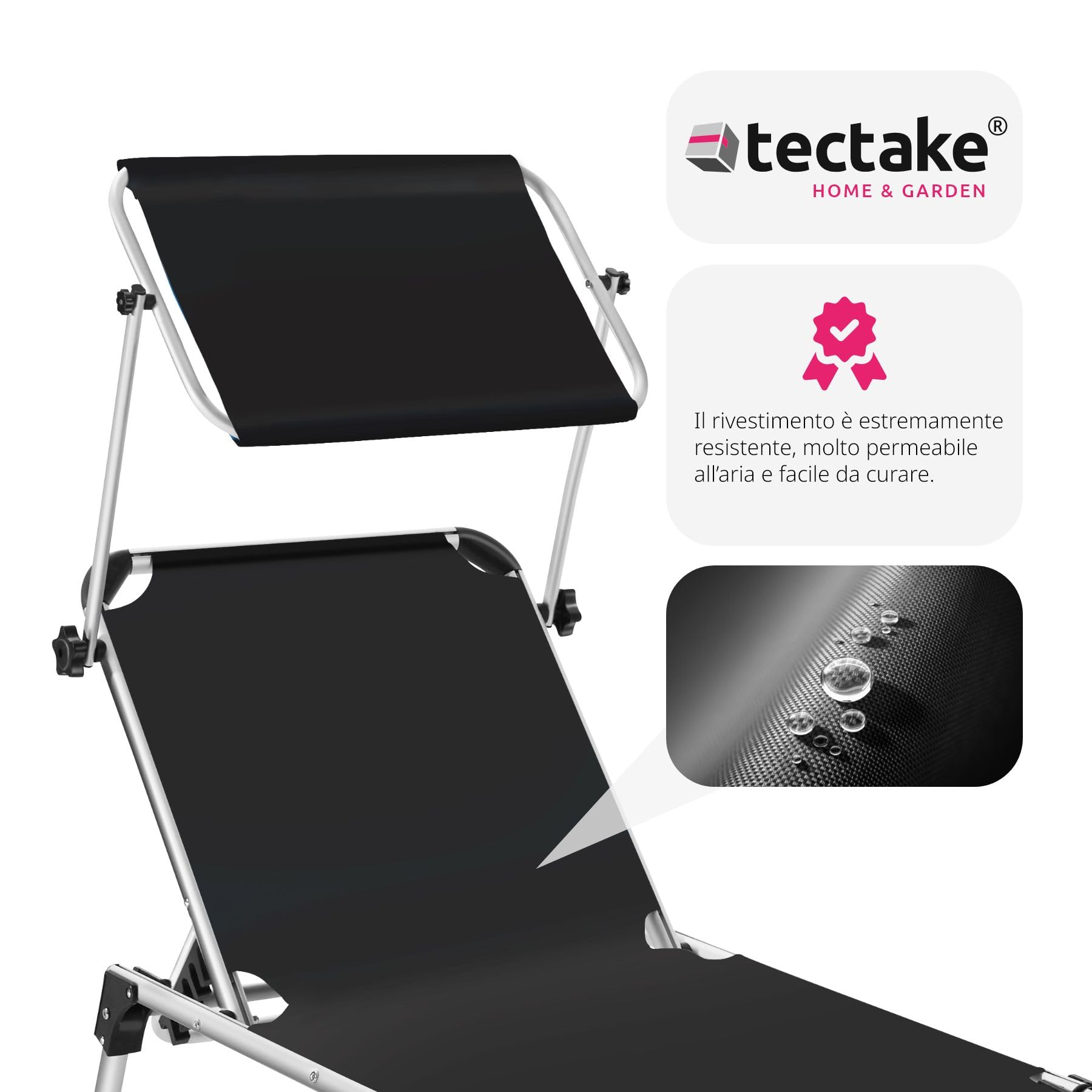 tectake® Sdraio da Spiaggia, Schienale Regolabile in 6 Posizioni, Parasole, Lettino Pieghevole e Trasportabile, Sdraio da giardino, Lettino Prendisole, Pratiche Maniglie (Nero)