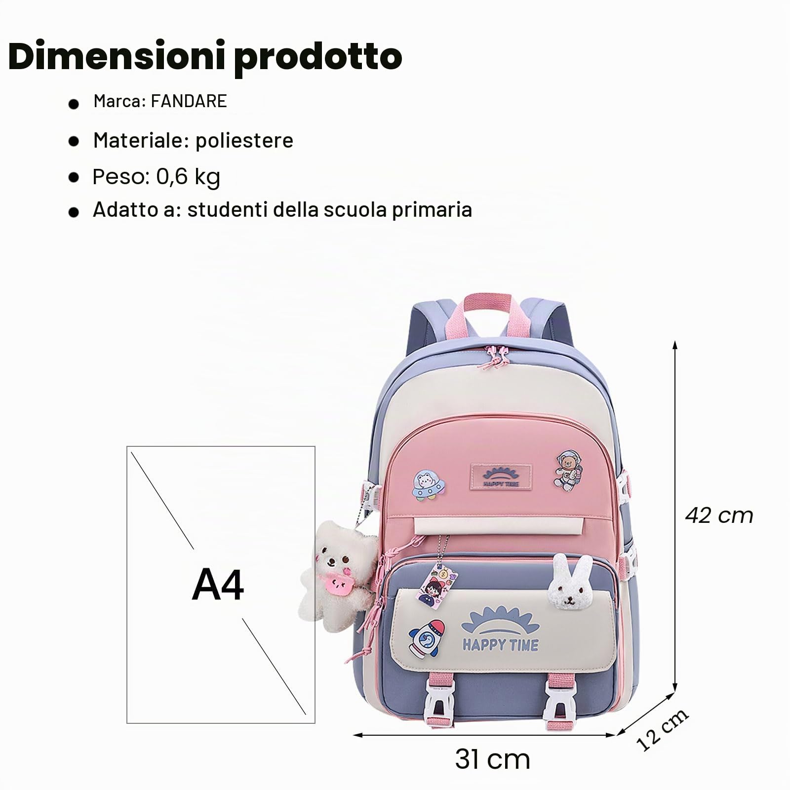 FANDARE Carino Zaino per bambini Zaini Casual Zaini Cartelle Zaino Scuola Elementare Zaino Ragazze Ragazzi Zainetto per Studenti Primarie Viaggiare Zainetto con cintura fissa per bagagli Blu
