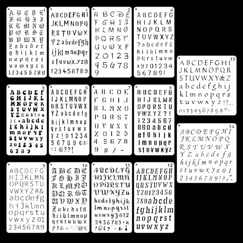 14 Pcs Letter Stencils for Painting Reusable Number Alphabet Stencil Template Small Stencils for Painting on Canvas Notebook Journal Diary Scrapbook Decor Supplies