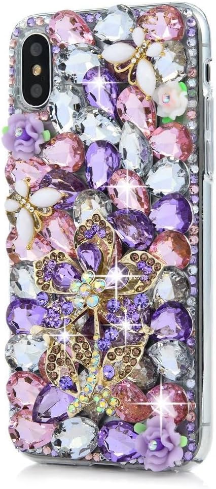 Glitter Design Phone Case Compatible with iPhone SE 2020 - Girls Women 3D Luxury Shiny Bling Handcrafted Protective Cover with Screen Protector, Phone Lanyard - Purple Flower
