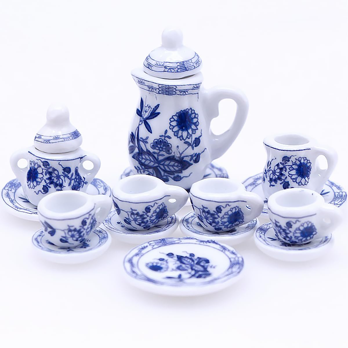 Domek Dla Lalek Ceramiczny Zestaw Herbaty 1:12 Akcesoria Do Domu Lalek Z Mini Widelcem Łyżka Sztućce Dekoracji Sceny W Domku Dla Lalek-Niebiesko-Biała Porcelana