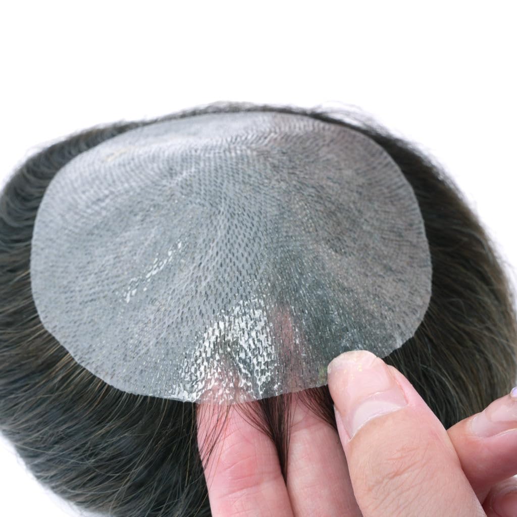 Men’s PU Skin Bald Spot Hair Patch 3.2 Inch (8 cm) Base with 6 Inch Natural Black Straight Hair Remy Human Hair Frontal Topper & Cover-Up Hairpiece-image-0