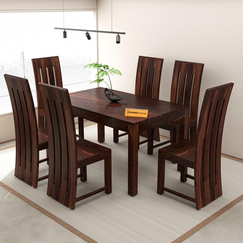 Image of Solid Sheesham Wood Dining Room Sets 6 Seater Dining Table with 6 Chairs for Dining Room, Living Room, Kitchen, Hotel, Restaurant, Cafeteria (Zinor, Walnut)