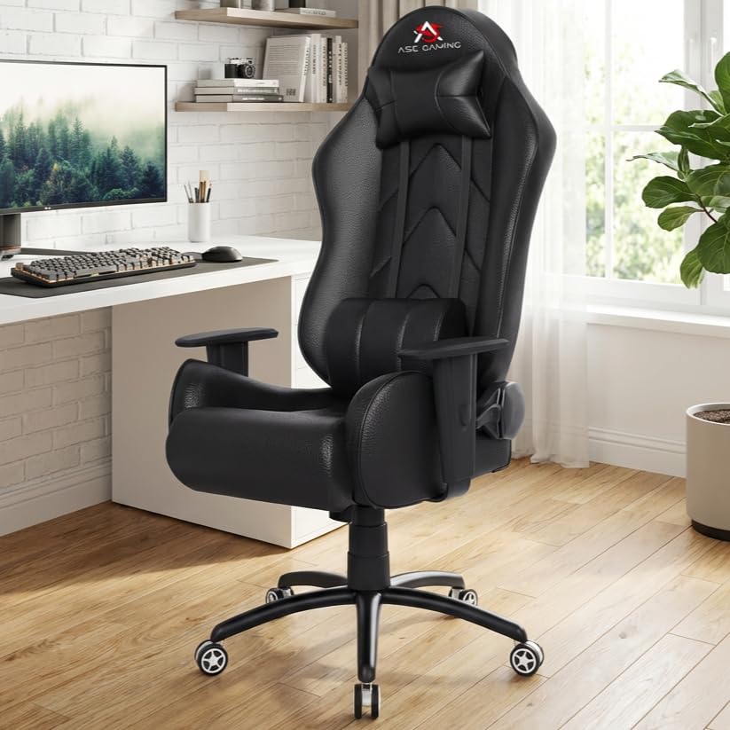 Image of ASE GAMING Gold Series Ergonomic Gaming Chair Premium PU Leather, Adjustable Neck & Lumbar Pillow, 180 Degree Recline with Black Metal Base with 3 Years Warranty (Black)
