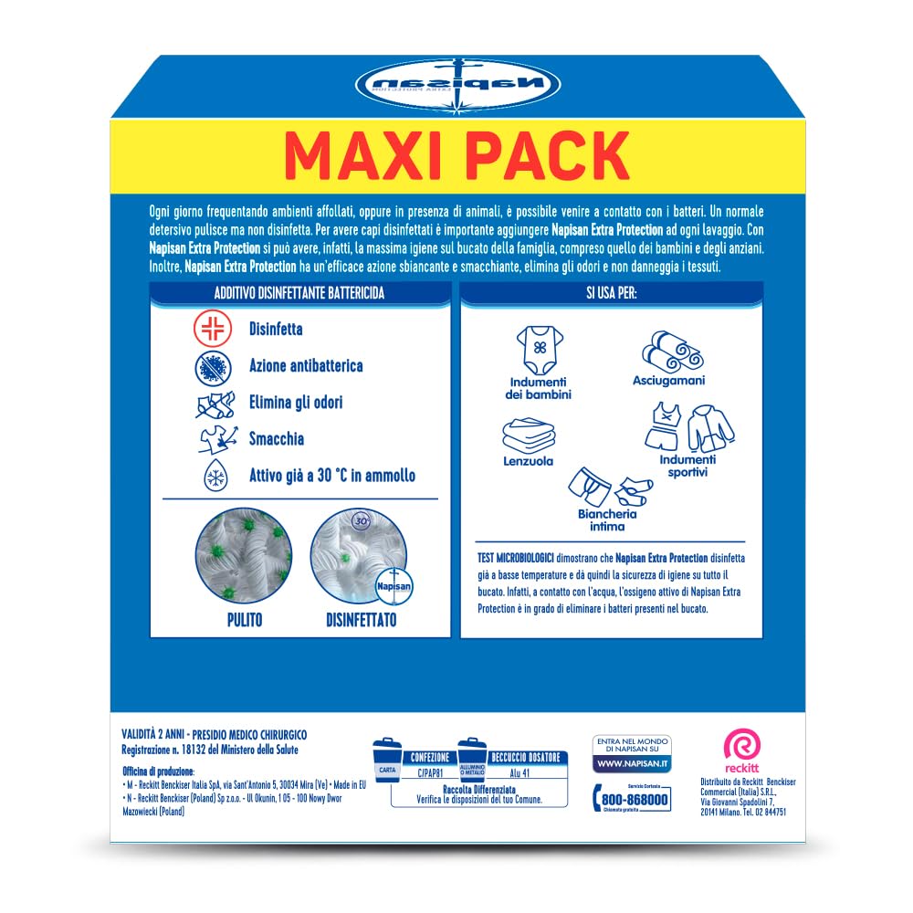 Napisan Extra Protection Additivo Lavatrice, Additivo Disinfettante Lavatrice in Polvere Battericida, 6 Confezioni da 1100gr di Additivo in Polvere Lavatrice