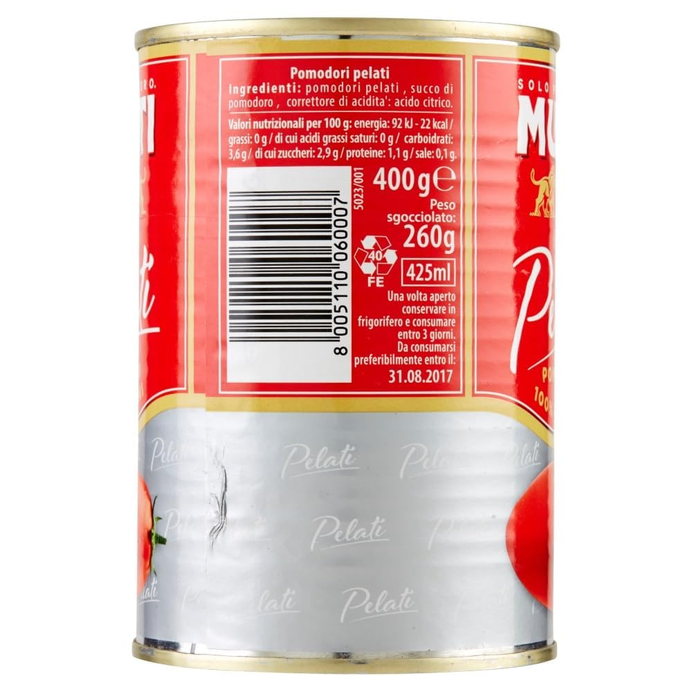Mutti Pomodori Pelati Tomates pelées 100% tomates italiennes, 24x 400g Canette de sauce aux tomates + Italian Gourmet polpa 400g