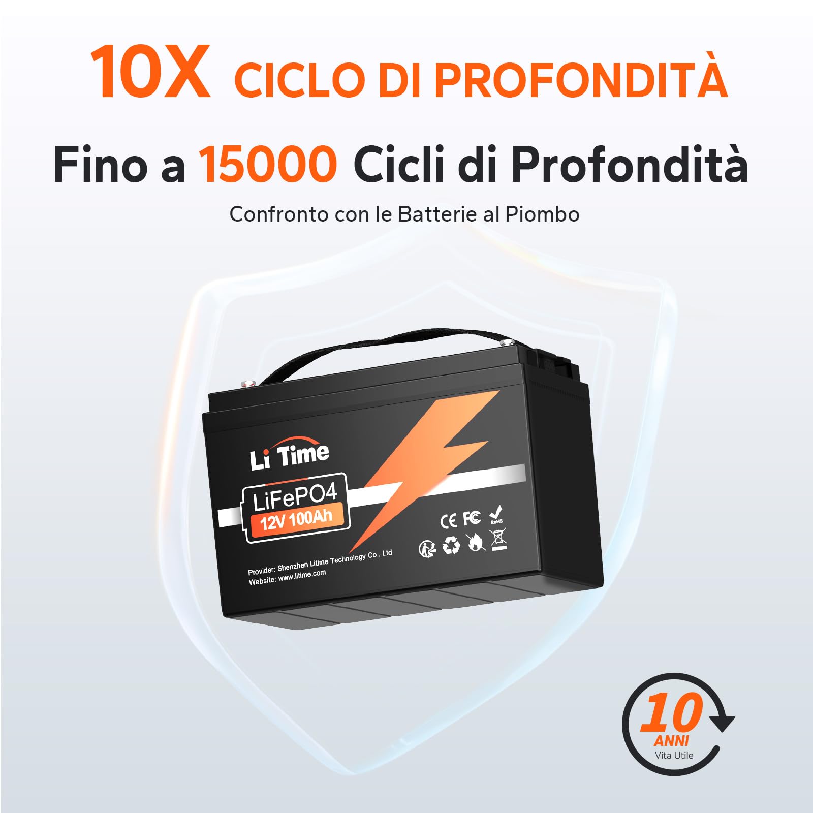 LiTime Batteria Litio 12V 100Ah, Batteria 100Ah 12V con BMS Da 100A Fino a 15000 Cicli e 10 Anni Di Durata, Batteria Lifepo4 12V 100Ah Per Caravan Alimentazione Di Riserva Barche Trolling Motors