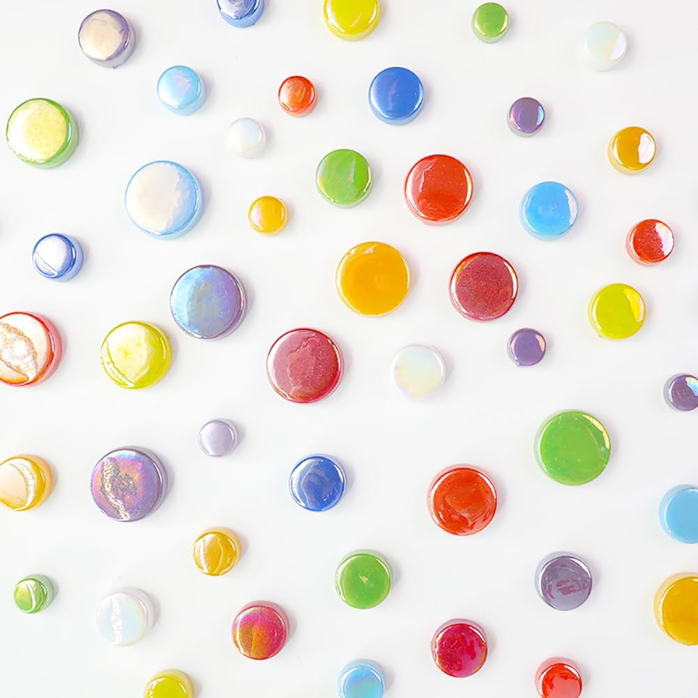 250 Grams Small Iridescent Mosaic Tiles Round Glass Mosaic Pieces DIY Craft Glass Tiles Assorted Size Creative Tile Pieces Colorful Mosaics Making Supplies for Plates Vases