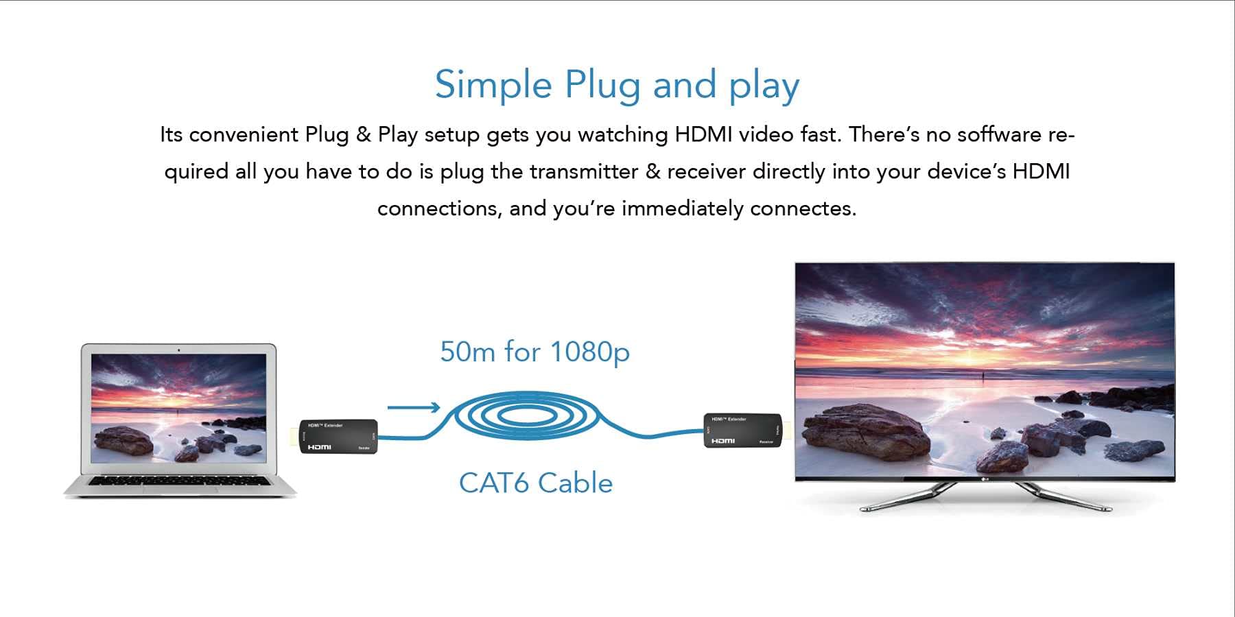 PremiumCord Rallonge HDMI vers câble Cat5e/6 50 m - Full HD 1080p - Connecteurs plaqués Or - Couleur : Noir