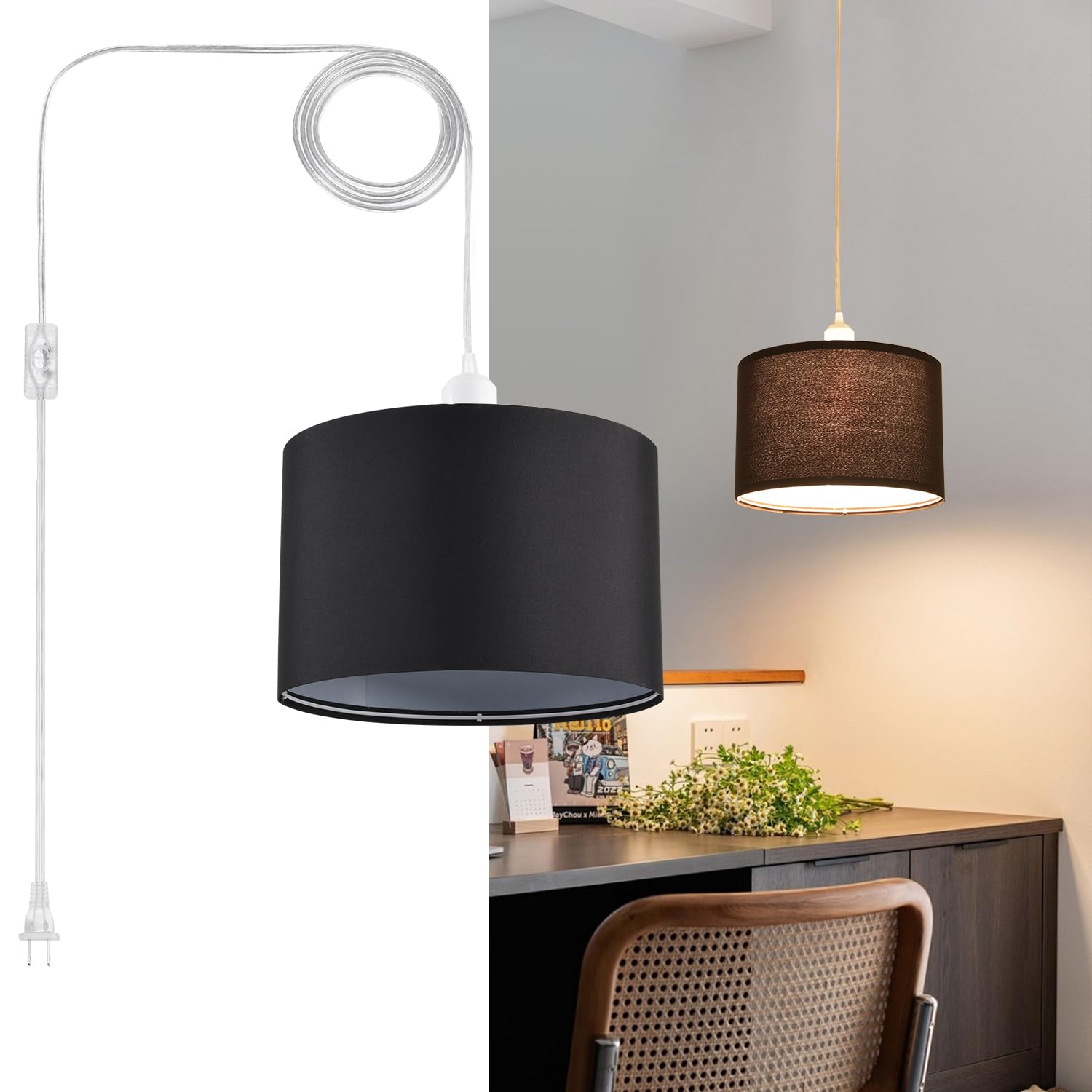 Lampa wisząca, 2 sztuki, lampa wisząca z przezroczystym sznurkiem, włącznik/wyłącznik, czarna tkanina, wisząca oprawa oświetleniowa do sypialni, kuchni, salonu, stołu jadalnego, 2 szt