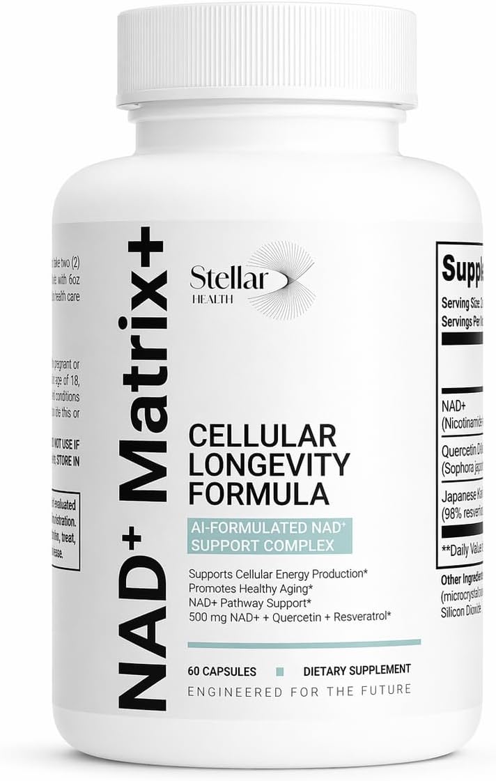 NAD+ Matrix+ Cellular Longevity Formula, NAD Supplement 500mg, NAD+ Supplements for Men & Women, Quercetin 250mg, Resveratrol 150mg, 60 Capsules