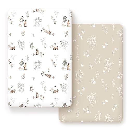 GRSSDER Juego de 2 sábanas ajustadas de punto de jersey ultra suaves y elásticas, portátilesmini sábanas para cuna para niños y niñas, elegante