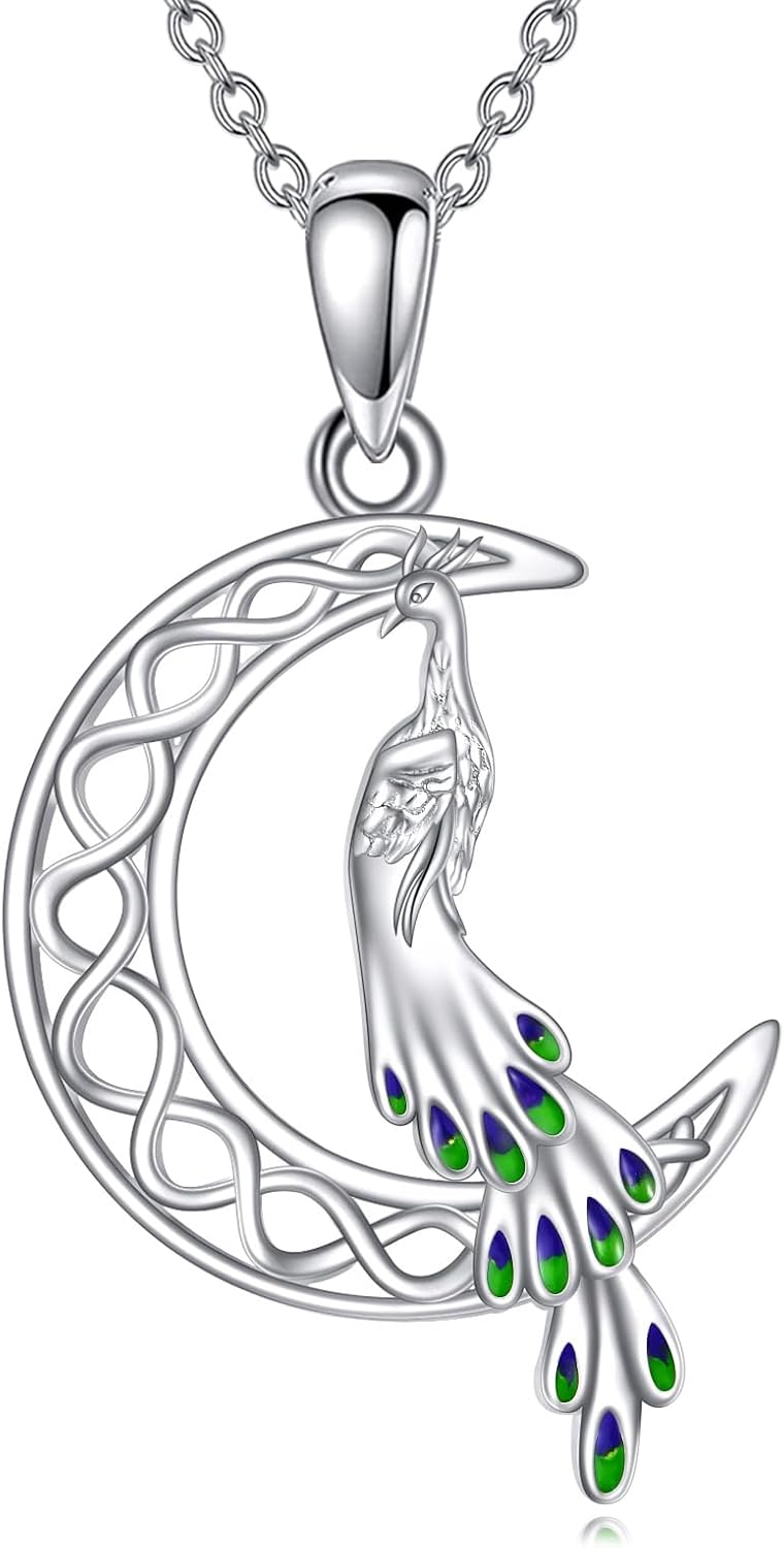 TIGER RIDER Peacock Necklace for Women Sterling Silver Moon Celtic Pendant Jewelry for Peacock Lovers