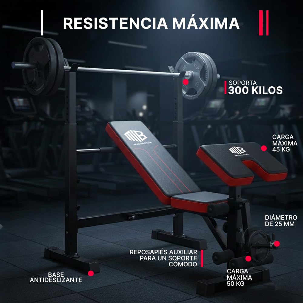 ManiBoom Banco de Musculación PLEGABLE y AJUSTABLE – Banco de Pesas Multifuncional con Soporte para Barra, Carga Máxima 300 kg y Banco de Abdominales Estable para Entrenar en Casa