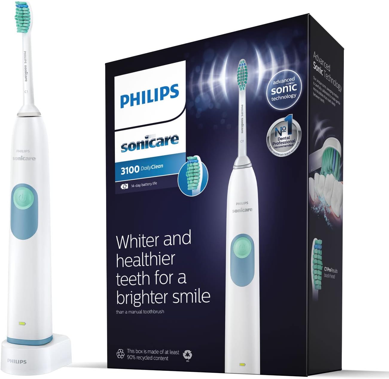 Philips Sonicare DailyClean 3100 Electric Toothbrush, White (UK 2-Pin Bathroom Plug) HX6221/56