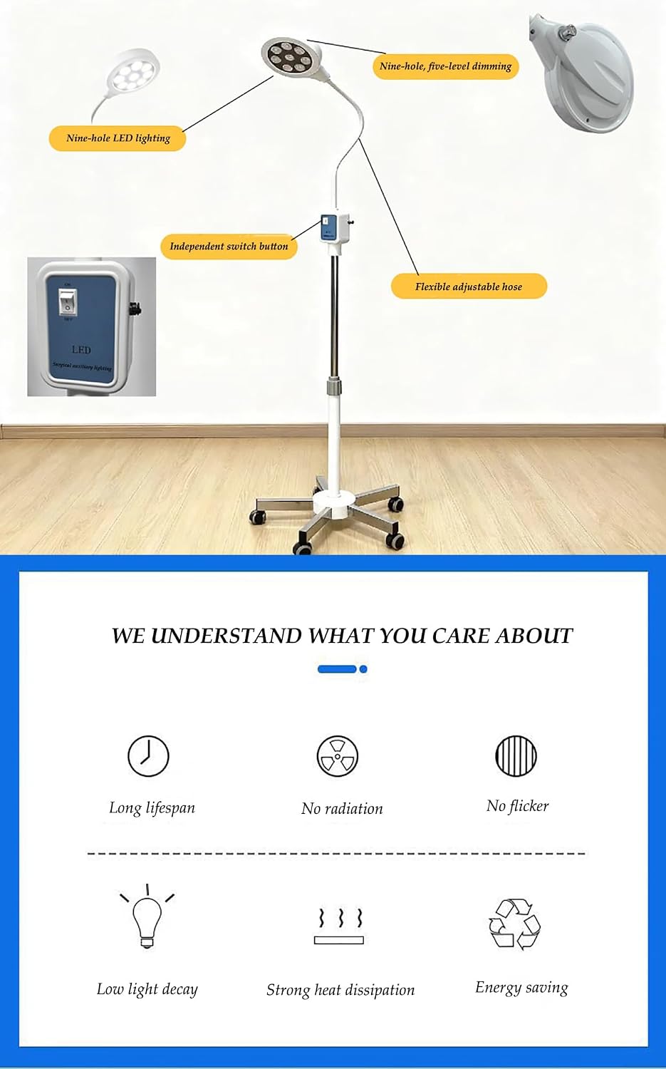 Nine LED Medical Exam Light, Adjustable Height & Angle Floor Stand Gynecology Exam Lamp for Outpatient Clinics, Stomatology, ENT Procedures, Bright & Energy-Efficient Lighting
