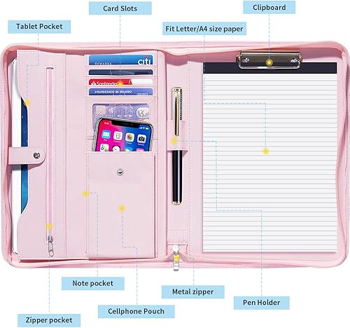 Miniatura 3 de Organizador de cartera A4, portafolio con portapapeles piel sintética con cremallera, organizador de portapapeles ranuras para tarjetas funda para