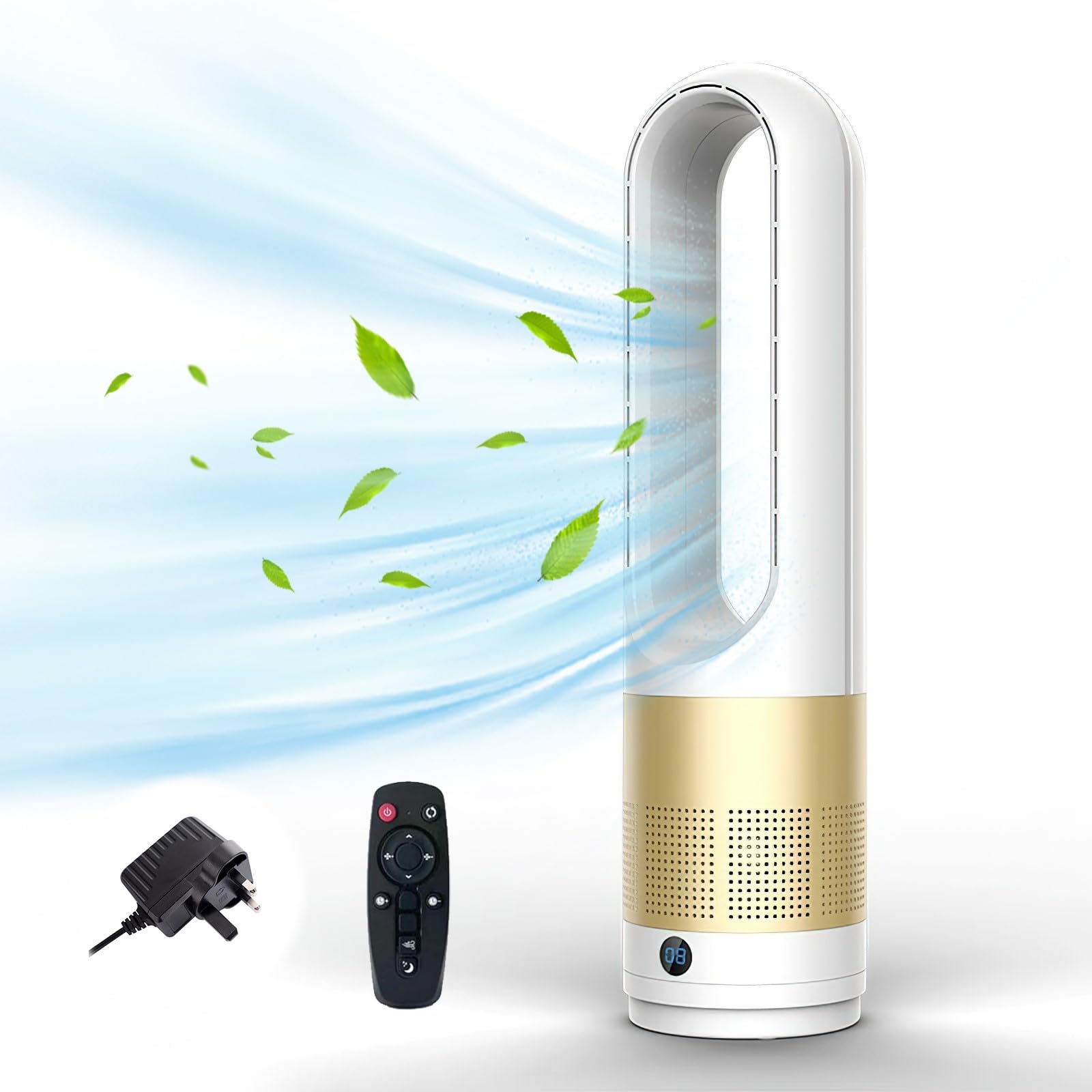 Zorkkra 18 inch Bladeless Tower Fan with Remote Control – 80° Oscillating Cooling Fan with 8H Timer, Silent Air Circulator for Bedroom, Standing Floor Fan for Home, Office & Living Room (Gold)