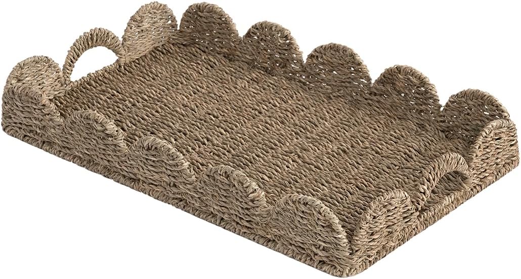 StorageWorks Large Wicker Scalloped Edge Serving Tray, Rectangle Tray with Built-in Handles, Hand-woven Scalloped Rattan Tray, Wicker Trays for Décor, Natural Seagrass Seagrass 19.75"L x 11.75"W x 2.75"H