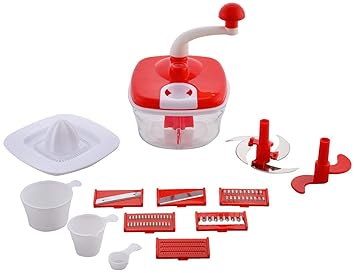 M MAPON FASHION 10in1 Multi-functional Multipurpose Plastic Manual Food Processor For Mixing,Churning, Atta Maker, Vegetable Cutter, Slicer (Red, One Size)