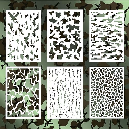 6-Pack Mylar Camo Stencils 14x9 Reusable Camouflage Templates for Airbrush & Spray Paint Durable Tactical Pattern Stencils for Helmets Boats RC Models & DIY Projects