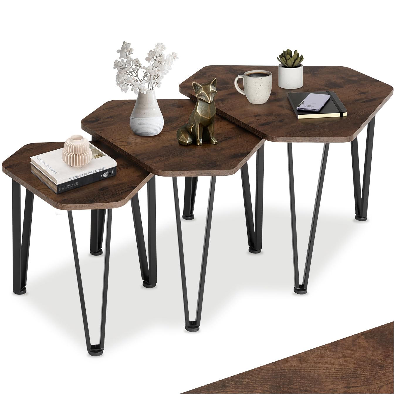 tectake® Juego de 3 Mesas Auxiliares, Ideales como Muebles, Mesa de Centro o Mesa Auxiliar Salon, Mesitas de Noche, Decoracion Hogar - 58,7 x 52 x 45,5 cm Madera Industrial Oscura, Rústica