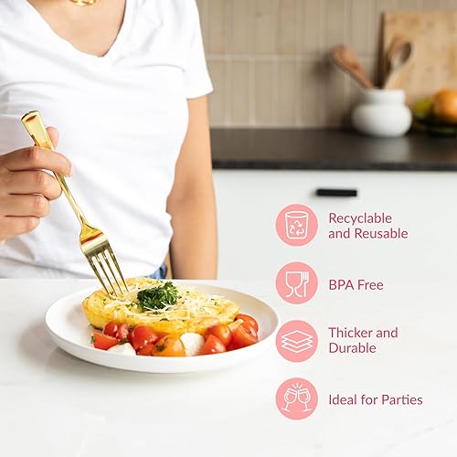 Vista 55 de Prestee Paquete de 100 tenedores de plástico plateado resistentes – Elegantes tenedores desechables – Juego de cubiertos plateados de plástico