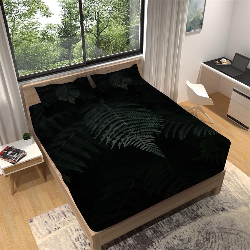Juego Sabanas 160X200 Hojas De Color Verde Oscuro Bedding Juego De Sabanas 3 Piezas - Poliéster Microfibra Cepillada Funda Colchon - Hipoalergenica Juego De Sabanas - 2 Fundas De Almohada