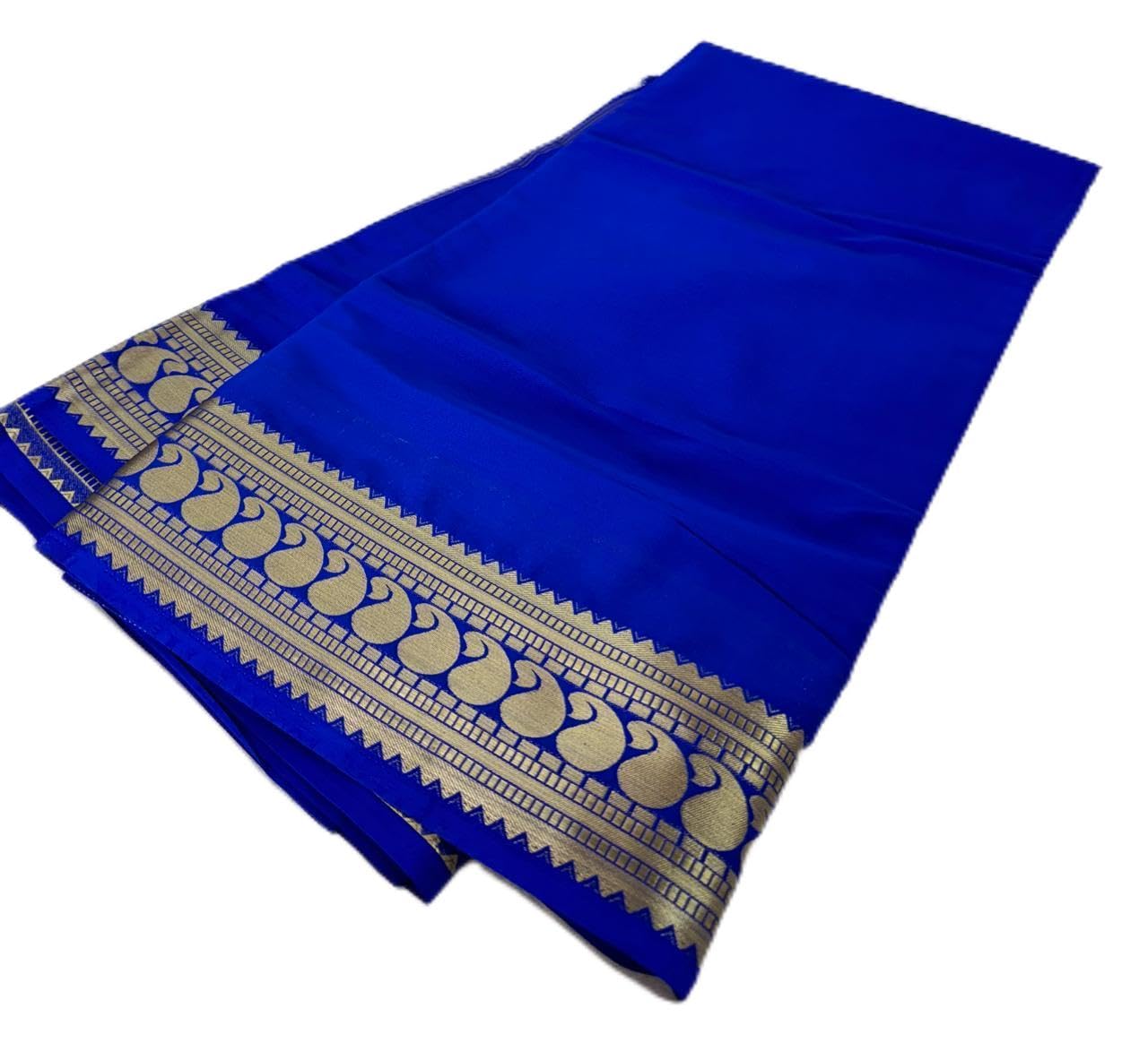 Royal Blue Semi Mysore Silk Saree for Women with Gold Zari Temple Border | Soft Lightweight Traditional Silk Saree with Blouse Piece-image-1