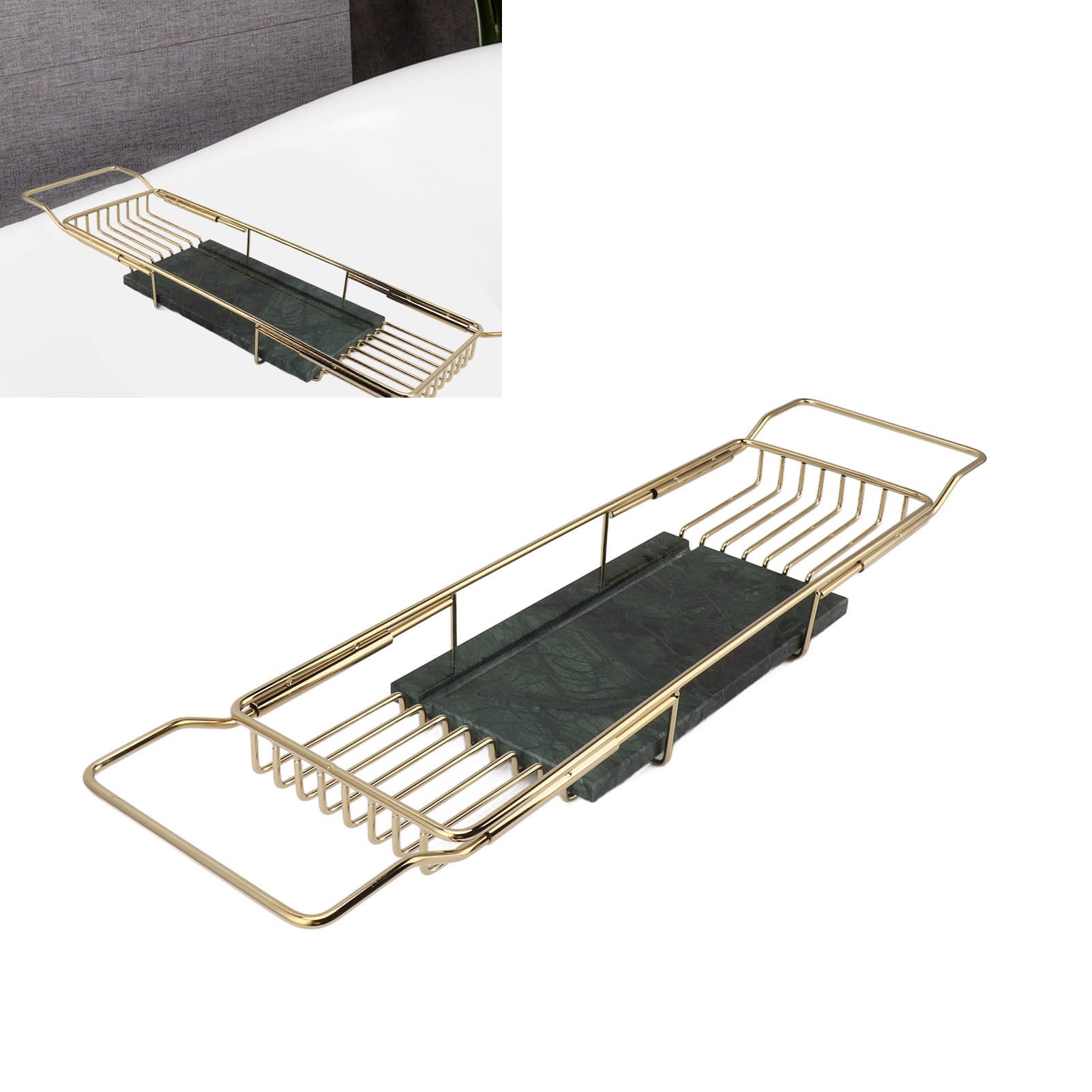 Bandeja de bañera expandible de lujo con diseño de metal y mármol, elegante estante para bañera a través de la bañera para baño (verde dorado)