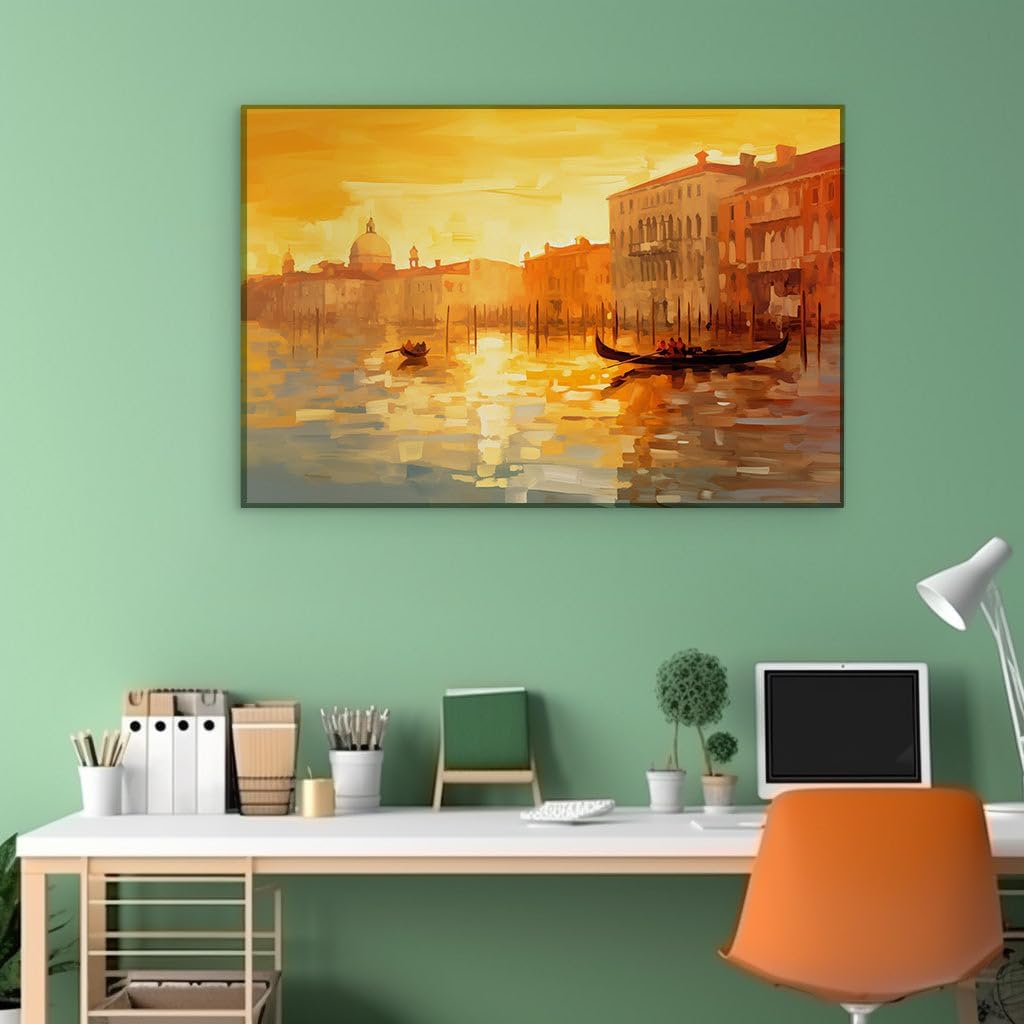 Canvas for Living room. Venetian Sunset Serenade Embracing Warm Hues and Gondola Reflections, 27 x 18 inch Canvas Wall Art - Contemporary Masterpieces - Modern Home Decor