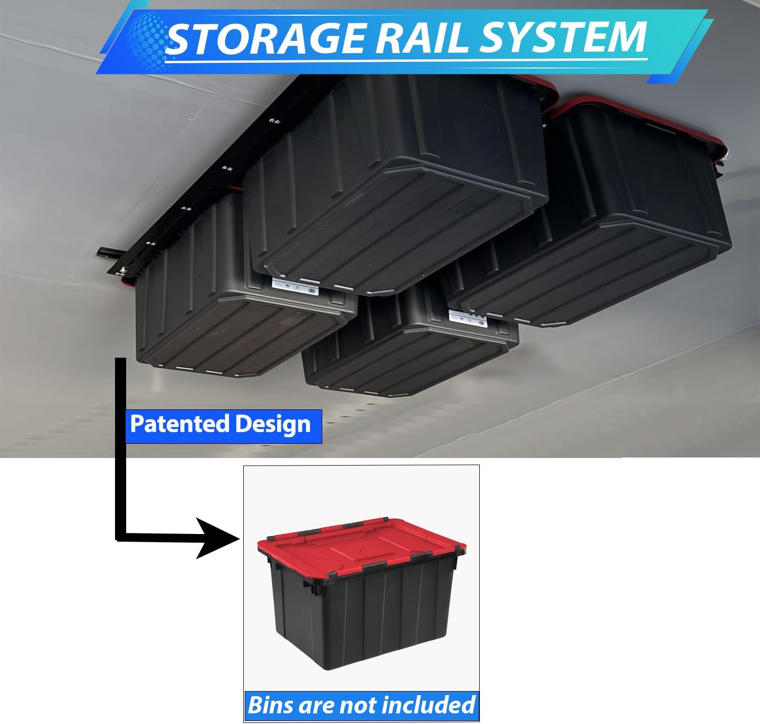 Overhead Garage Storage Racks, Adjustable Ceiling Tote Storage Rails, Heavy Duty Garage Organizer Hanging Storage Rack for Most Storage Bins/Totes, 48" x 48"