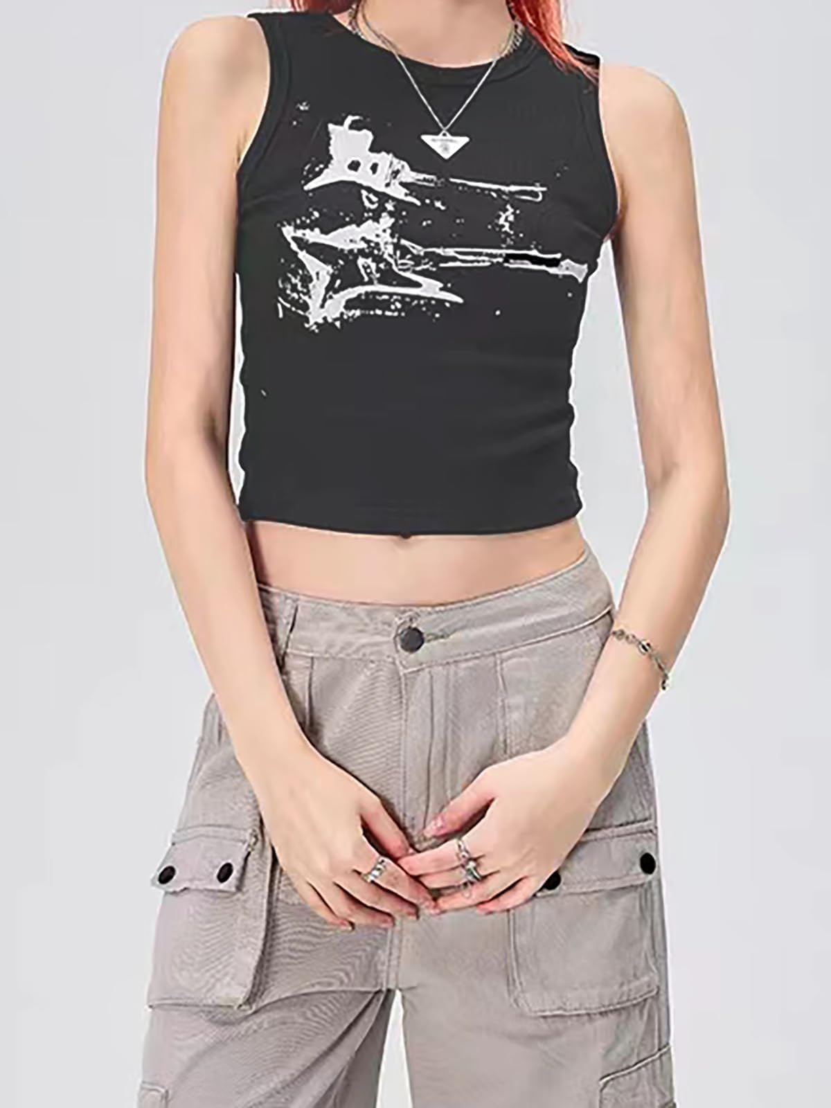 LQI Women's Tank Tops, Guitar Ribbed Summer Tops Sleeveless Y2K Crop Tops: Medium C Grey