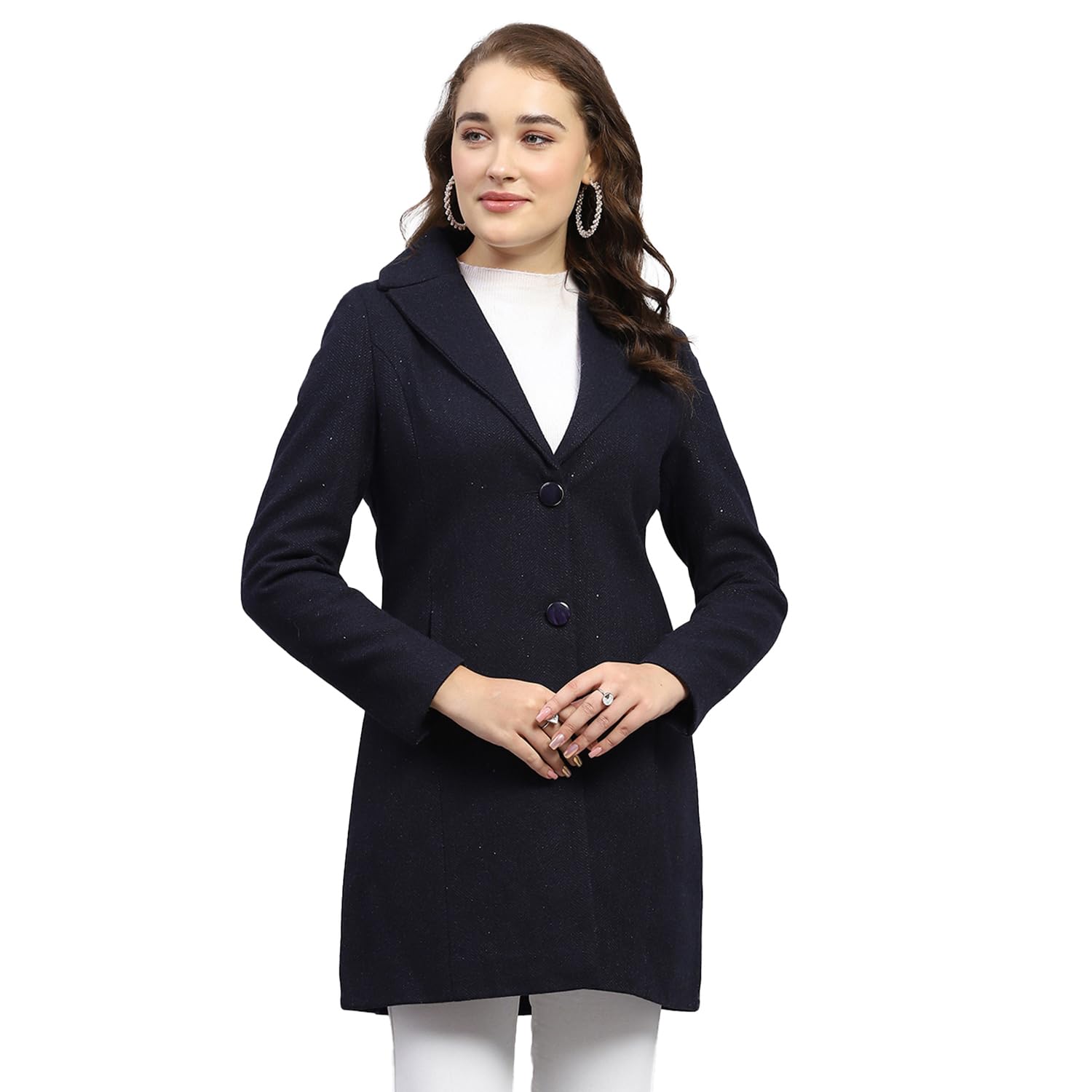 monte carlo Womens Self Design Navy Blue Notched Lapel Full Sleeve Coat-picture-43