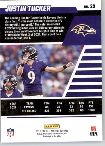 Miniatura 2 de 2022 Panini Zenith Retail #29 Justin Tucker Baltimore Ravens NFL Football Card NM-MT