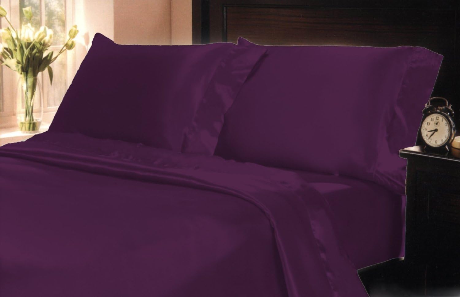 Mk Collection 4pc King Soft Silky Satin Solid Purple Deep Pocket Sheet Set New