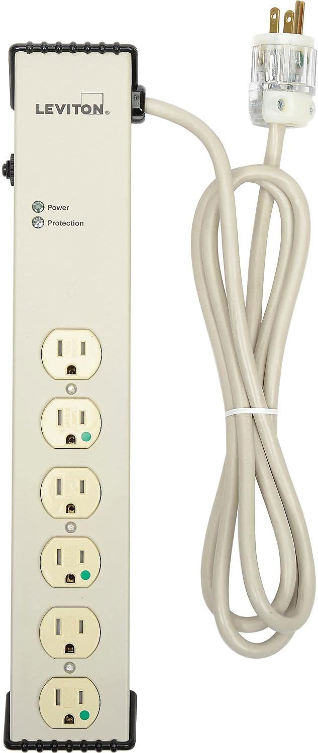 Leviton 120 Volt, 15 Amp, Surge Protected, 6-Outlet-HG Tamper-Resistant Strip, Continuous Duty, 6-Ft, 5300-HTS, Beige