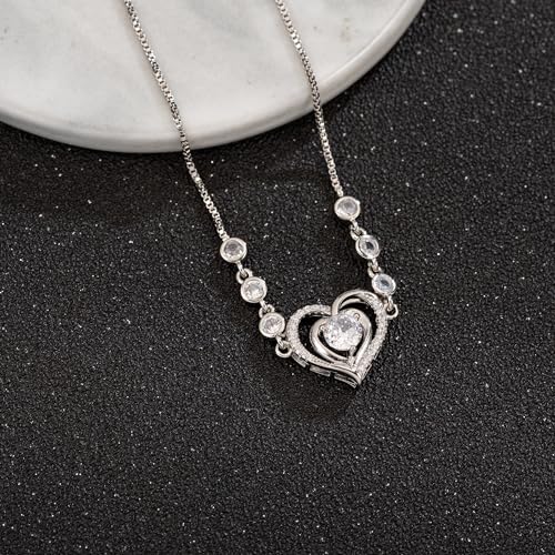 14K White Gold Plated Heart Bracelet for Women, Zircon Inlay Love Heart Charm Chain Bracelet Bangle with Adjustable Length4