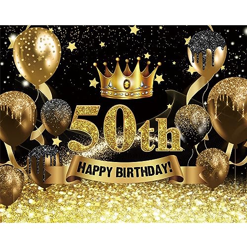 Happy Birthday Backdrop for Photography Women Men 10x8ft Black and Gold Glitter Balloon Birthday Photo Backdrop 50 Years Old Birthday Party Background Cake Table Decoration Prop
