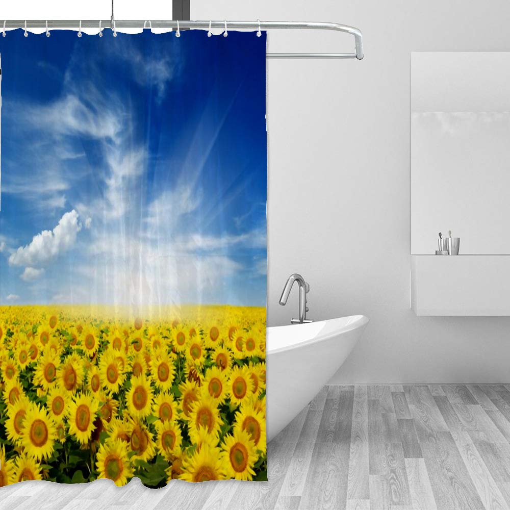 Rideau de douche imperméable motif tournesol bleu ciel en polyester 168x183 cm