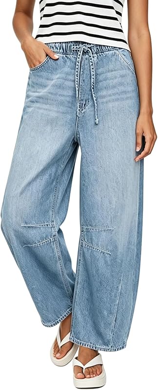 loveimgs Women Baggy Drawstring Barrel Jeans Pull On Denim Pants Elastic Waist Mid Rise Wide Leg Jeans Sweatpants